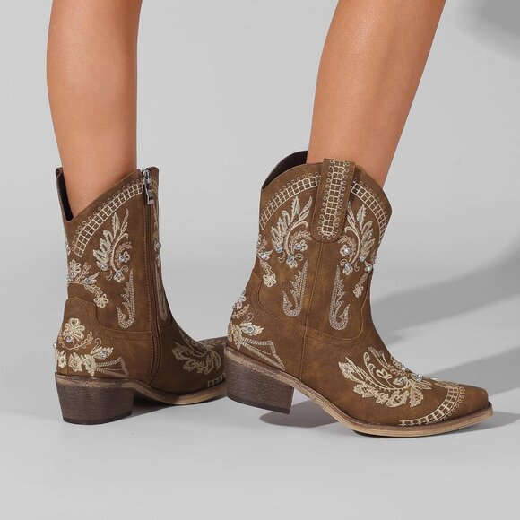 Women's Brown Embroidered Side Zipper Comfortable Chunky Heel Western Boot - Picture 4 of 6